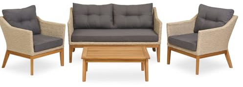 Endorphin Lounge-Set 4-TLG. Polyrattan Akazie Teakholz Gartenmöbel | 2 Sessel, 1 Sofa, 1 Tisch, hellbraune Polster, wetterbeständig, Outdoor-Sitzgruppe, Terrassenmöbel