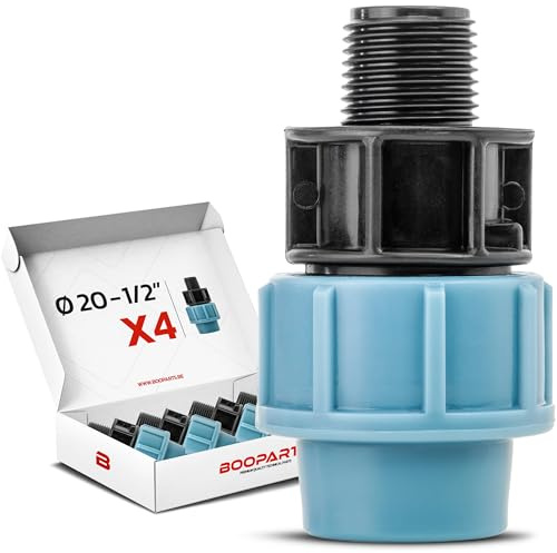 BOOPARTS – Raccordo Maschio a Compressione PP Ø20 mm x 1/2 per Tubo PE | Raccordo per Irrigazione e Giardino | Set da 4 Pezzi