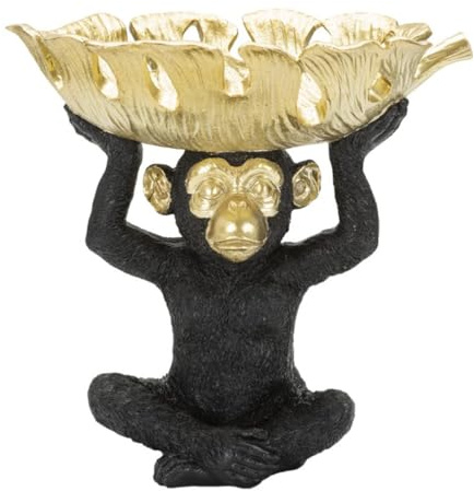 JS Garten Deko Dekofigur AFFE Schimpanse schwarz klein sitzend Tierfigur mit Goldener Schale auf dem Kopf H 24 cm