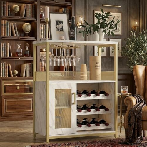 JOLLYTOP Weinbar Schrank 36 – Kompakter Bar Schrank Mit Verstellbaren Ablagen, Glashalter & Metallgittertür – Liquorschrank & Kaffeebar Möbel Für Küche & Esszimmer, Gold+Lampe