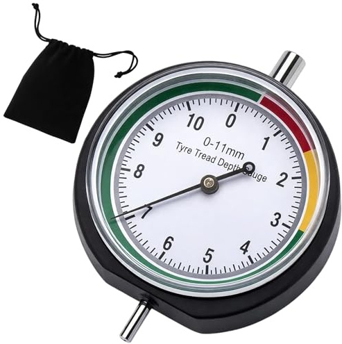 Tyre Tread Depth Gauge UK 0-11mm, Professional Pointer-Type Ruler with Color-Coded Warning, Stainless Steel Round Tread Depth Measuring Rod with Storage Pouch for Car/Motorcycle/Truck/Bus