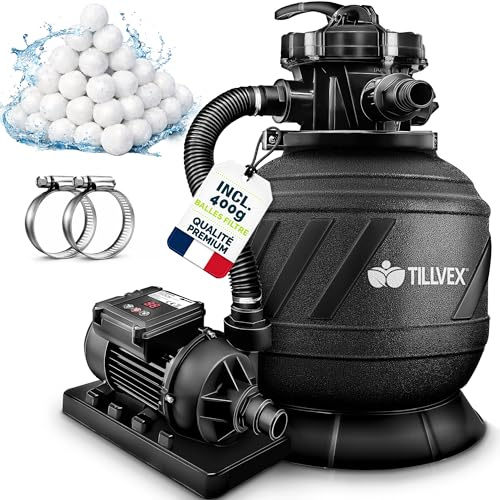 tillvex Pompa Filtro Piscina Portata 7.900L/h + 400g Filtro Balls | 7 funzioni | Adattatore 2in1 Ø32-38mm con indicatore di pressione | Filtro a sabbia per piscine (AquaBlack Pro con timer)