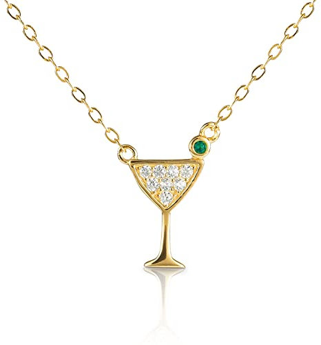 Diamond Treats Kleine Cocktailglas-Halskette aus 925er Sterling für Damen und Teenager-Mädchen, Gold Anhänger-Halskette mit Zirkonia-Steinen, süße Halskette für Sie