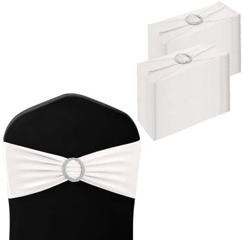 WedDecor Stretch Chair Bands Plain Spandex Band with Slider Buckle for Wedding Party Chair Decoration, Events Supplies, Formal Meeting, White, 13 x 6 Inches, 100pcs | Stretch Chair Sashes for Wedding Party Chair Decoration, Event Supplies, Formal Meeting, 13 x 6 Inches