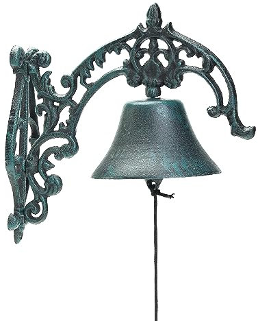Sungmor Heavy Duty Cast Iron Rustikale Wandglocke | 10,8 × 9,05 Zoll, dunkelgrün | Aristokratisches Logo Schmiedeeiserne Türklingel | Klassische Skulptur für Gartenterrasse Villa Cafe, etc.