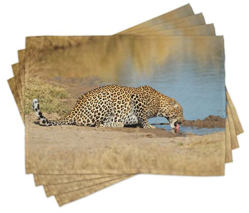 ABAKUHAUS Safari Lot de Sets de Table en 4 pièces, Leopard dans Safari, Tissu Lavable pour Salle à Manger et Cuisine, Standard, Brun Clair Beige