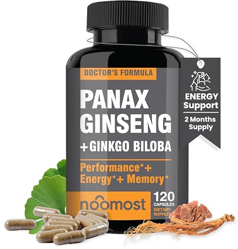 NooMost Authentic Korean Red Panax Ginseng + Ginkgo Biloba, 120 Vegan Capsules, Ginseng Root Extract Powder 1000mg (10% Ginsenosides) + Gingko Biloba 60mg, Energy and Focus Pills for Men and Women