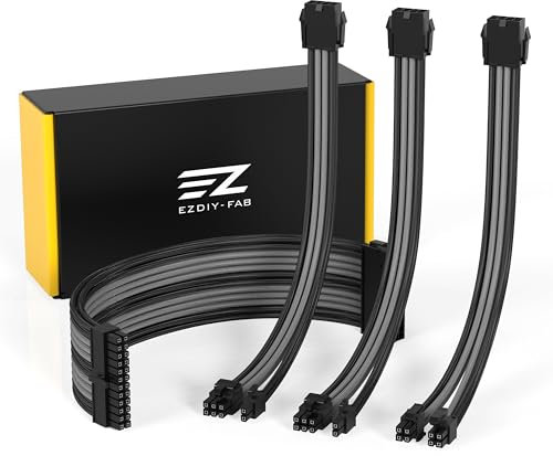 EZDIY-FAB Extension de câble PSU Câble personnalisé gainé pour Alimentation PC, Nylon Souple tressé avec kit de Peigne 24PIN / 8PIN à 6 + 2Pin / 8PIN à 4 + 4PIN-30CM 300MM - Noir et Gris