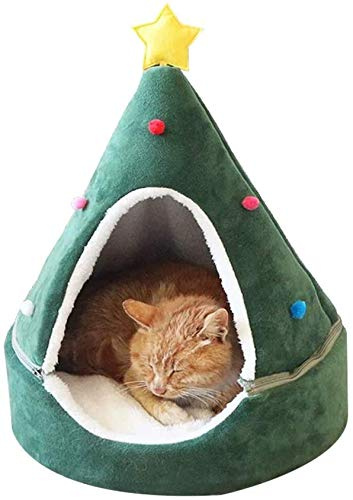 Lelesta Lettino Natalizio per Cani e Gatti, Cuccia per Gatti a Forma di Albero di Natale, Accogliente Cuccia per Cuccioli, Letto per Dormire, Letto Invernale Morbido e Caldo per Animali Domestici (M)