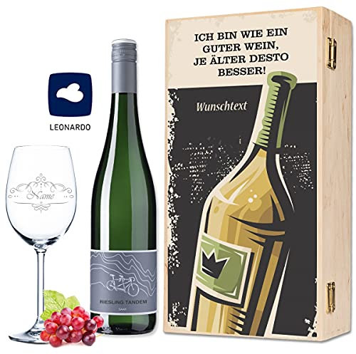 Leonardo Weinglas - Ich bin wie ein guter Wein - inkl. bedruckter Holzkiste + Riesling Tandem - Geburtstagsgeschenk für Männer & Frauen - Geschenkset für Weintrinker Weinfest