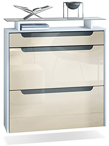 Vladon Schuhschrank Annie, Schuhkipper für 16 Paar Schuhe mit 2 Klappen, 1 Schublade und Glasablage, Weiß matt/Creme Hochglanz, Griffmulden in Grau Hochglanz (89 x 96 x 23 cm)