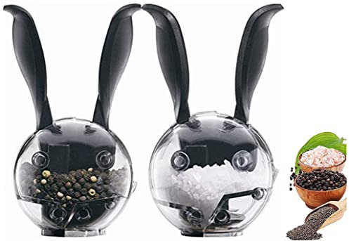 RROAD Manual Salt and Pepper Mill Set ,Mini Manual Black Pepper Grinder Multifunction Cruet Spice Grinder Ball Shape Black Rabbit Ears Design Kitchen Tools(2Pcs)
