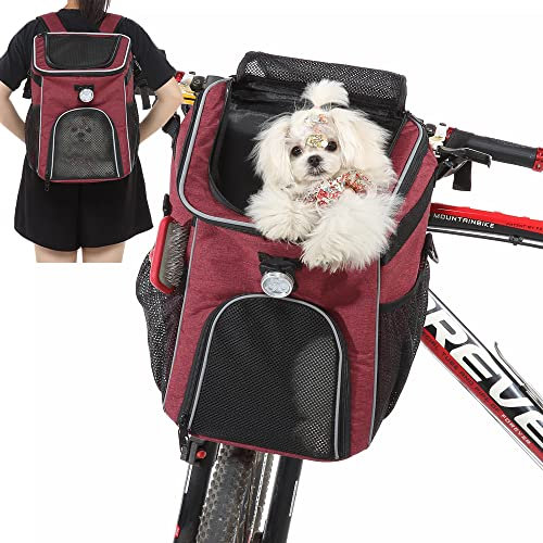 Hundekorb Fahrrad Vorne, Hunderucksack Katzen Rucksack Bis 5Kg Für Reisen, Wandern, Camping, Hundefahrradkorb Für Kleine, Mittelgroße Welpen Und Katzen,Maroon