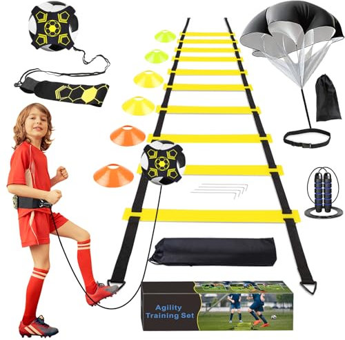 YGORTECH Football Training Equipment, Speed Agility Training Set, Football Kick trainer, Agility Ladder, Resistance Parachute, 6 Disc Cones & Jumping Rope, Football Skills Equipment for Kids+Gift Box