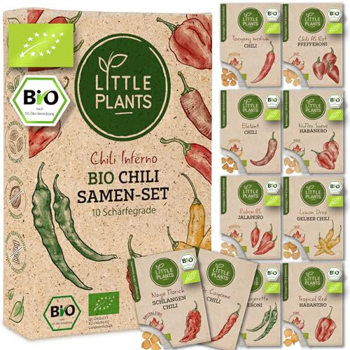 Little Plants Chili Samen Set - 10 Sorten BIO Samen Chili - Schärfe 1 bis 10 - Chilisamen Set - 100% natürlich & extra viele Chili Gemüse Samen - BIO Saatgut Chilli Samen Set zum Anbauen im Garten