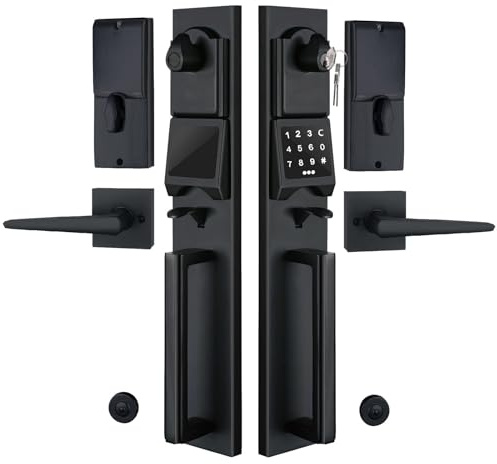 Smart Elektronisches Türschloss-Set mit Tastatur für Doppeltür, schlüsselloser elektronischer Haustürgriff (Schlüssel und Attrappe), MMDHST2016DB-E-SET-1