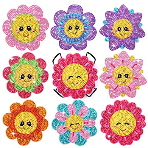 Tontut 8 Stück Diamond Painting Holz Untersetzer mit Halter, DIY Smiley Blume Diamant Kunst Untersetzer Kits für Anfänger, Kunsthandwerk Zubehör für Erwachsene und Kinder, Home Table Decor