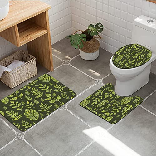 Badezimmer Set,Gemusterte grüne Blätter Von der Natur inspirierte Komposition Frische Bäume Waldland,rutschfeste Badematte und WC-Vorleger-Set, schnelltrocknend, weich, wasserabsorbierend,3-teilig