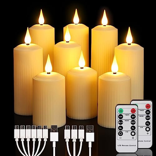 ZIYOUDOLI Rechargeable LED Candles with 10-Button Remote Control and 6/8 Hour Timer Flicker Function 9 Pieces Roman Pillar Rechargeable Candles (5x10.5/14/17cm) Outdoor Waterproof,Type-C Charging.