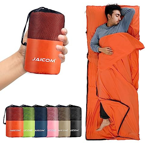 JAICOM Hüttenschlafsack, Ultraleichter Seideschlafsack für Reise, 2in1 Hüttenschlafsack, Bequemer und Weicher Schlafsack kleines Packmaß aus Mikrofaser, Ideal für Rucksackreise, Hotels
