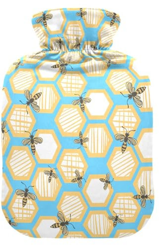 Bienen Waben Wärmflasche mit Bezug Wärmflaschen zur Schmerzlinderung Wärmflasche Wasserbeutel Füße und Bettwärmer bei Kopfschmerzen Rückenschmerzen, 2L
