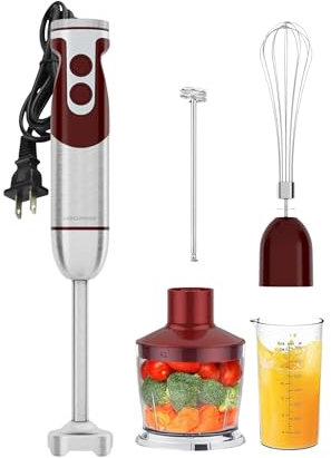 Juego de licuadora de mano 5 en 1 MegaWise con control de velocidad variable, licuadora de inmersión de 400 W, incluye batidor, espumador de leche, picadora y vaso (ROJO)