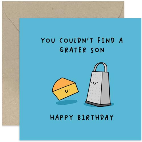 Old English Co. Funny Birthday Card for Son - 'Grater Son' Fun Cheese Birthday Card for Him - Cute Birthday Cards for Men - Birthday Gift for Him | Blank Inside