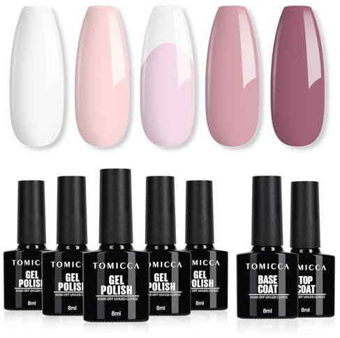 TOMICCA Gel Nail Polish Set 7PCS Classic French White Light Pink Nude French Manicure Gel Polish Starter Kit with No Wipe Top and Base Coat Soak Off UV DIY Home Manicure Kit Gift for Women Girls