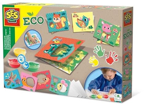 SES Creative 24925 - Tarjetas ecológicas de pintura para dedos, fácilmente lavables, sin gluten, juego completo con tarjetas, papel y pintura para dedos para niños pequeños
