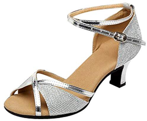 Damen Prom Dance Square Latein Ballsaal Schuhe Tanzschuhe Damen Mittelabsätze Pailletten Pumps, silber, 40 EU