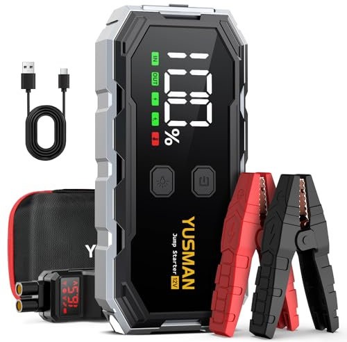YUSMAN Booster Batterie Voiture 6000A, Démarreur Batterie Voiture Portable (Jusqu'à All GAS/10L Diesel),12V Jump Starter avec Pinces de Sûreté Intelligentes,QC3.0, Lampe à LED, Grand Écran LCD 
