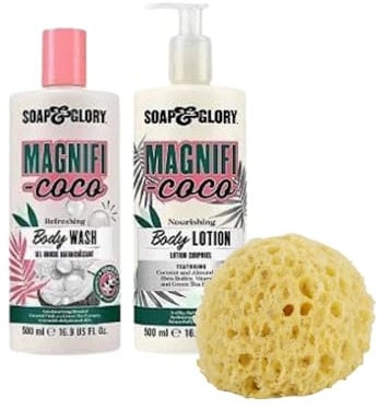Soap and Glory Magnificoco Shower Gel Body Wash 500ml and Body Lotion Pump 500ml Bundle with Rainbow Gifts Bath Sponge Set