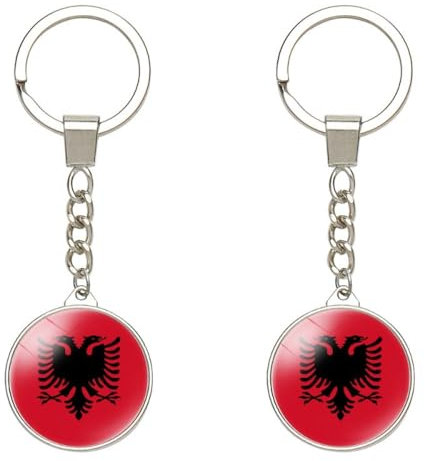 UOMSKTY Schlüsselanhänger Mit Doppelseitigem Glas-Cabochon-Anhänger Mit Albanien-Flagge – 2 Schlüsselanhänger Mit Albanien-Flagge Fürs Auto,Vintage-Design,Patriotische Albanien-Flagge,Schlüsselanhän