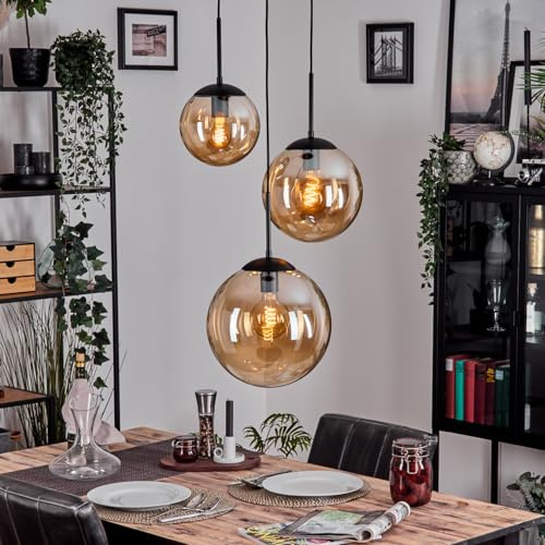HOFSTEIN Hängeleuchte Gastor, 3-flammige Hängelampe aus Metall/Glas in Schwarz/Bernstein, moderne Pendelleuchte im Retro/Vintage-Design, Ø Schirme 20; 25; 30 cm, E27, Esszimmer, Küche, Wohnzimmer