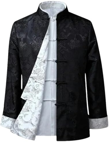 BoShiNuo Chemise Dragon Chinois Kung Fu Manteaux Tang Costume Traditionnel Chinois Vêtements Vestes Hanfu Hommes Vêtements, Noir Gris 9, L