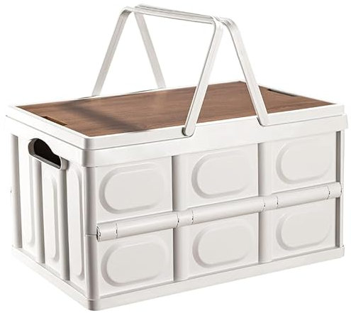 Hawthyhome Foldable Camping Box Storage Boxes with Handle, Storage Container with Wooden Lid, Plastic Storage Boxes as Table Top for Outdoor Camping Car Boot (White)