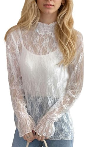 EMOTTOS Tops de Encaje Sexy de para Mujer, Camiseta de Malla con Estampado de Flores Escote Medio Alto, Elegante Festival Camiseta Rejilla Transparente para Señoras, Blanco, M