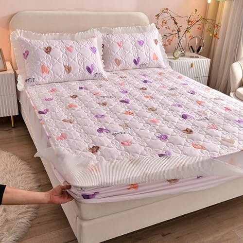 Epinki Betttuch & 2er Kissenbezüge 200x220cm Set 3tlg Warm, Herz Muster Spannbettlaken Gesteppt Gedruckt Spitze Textilien Klassische, Baumwolle Spannbettuch Laken für Boxspringbett & Wasserbett