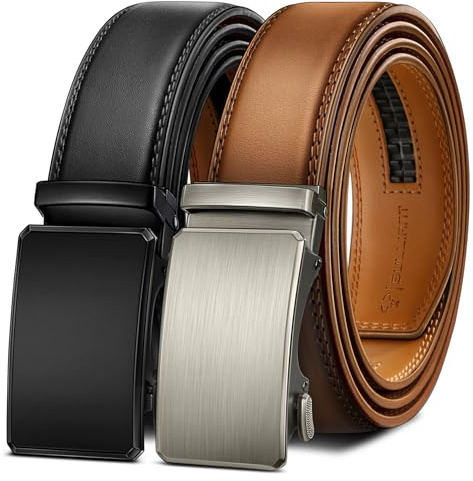 BULLIANT Gürtel Herren 2er, Gürtel Ratsche Automatikschließe Ledergürtel für Herren Verstellbar 35mm Breit mit Geschenkbox(Schwarz/Orange Braun,115cm/32-38 taille verstellbar)