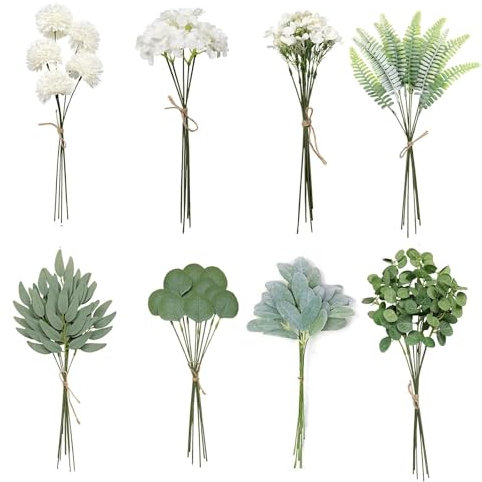 QINGYIWL 65 Stück Künstliche Zweige & Blumen, 8 Arten Künstlich Dekozweige, Weiß Kunstblumen für DIY Kunstblumenstrauss, Brautstrauß Hochzeit
