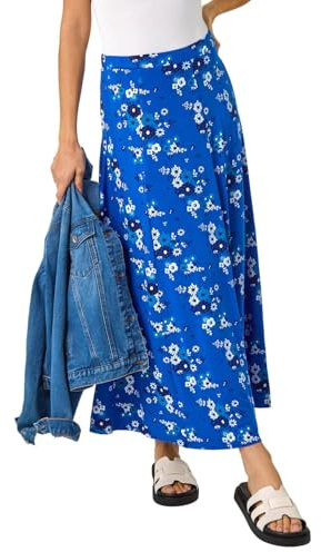 Roman Originals Jersey Skirt for Women UK - Ladies Midi Maxi Floral Animal Print Autumn Winter Swing Smart Casual Office Cocktail Party Going Out Evening Holiday Cruise - Ditsy Royal Blue - Size 20