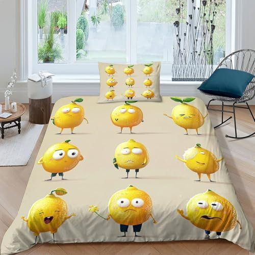 kaiyun Emoji Bettwäsche-Set Mit Und Kissenbezügen,Zitronenfigur 3D Druck,weich, Microfaser Bettbezug Pflegeleicht,per Adulti, Adolescenti, Bambino Single(135x200cm)
