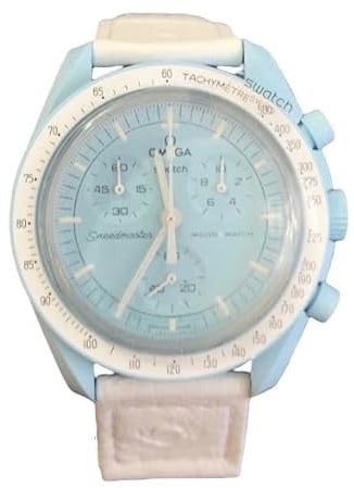 Swatch Armbanduhr Moonswatch Omega x Mission to Uranus Straußleder, hellblau, Armband