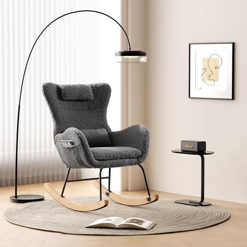 okwish Schaukelstuhl, Gepolsterter Schwingsessel mit hoher Rückenlehne, Kopfstütze und Lendenkissen, Schaukelsessel fürs Wohnzimmer/Schlafzimmer/Balkon, Lammfellstoff Grau