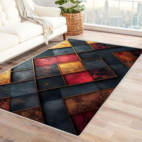 TODOAA Waschbarer Teppich Wohnzimmer Geometrisches Retro-Muster Groß Orientalischer, Vintage Kurzflor,für Schlafzimmer rutschfest Boho In & Outdoor Teppiche(rot)-150x210cm