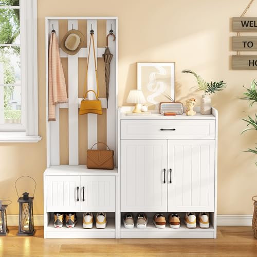 Oslghy Garderobenset Wandgarderobe, Garderoben Set mit Schuhbank und Wandpaneelen, Garderobenständer, Flurgarderobe Set mit Schubladen und Türen, Flurtrockenständer, Weiß Flurmöbel 140.6x32x180 cm