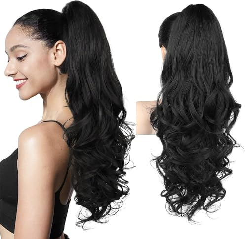 XFSRG Langes Lockiges Haarteil für Frauen Hochwertige Haarverlängerung für Voluminösen Pferdeschwanz Natürlicher Look für Alltag und Besondere Anlässe (Schwarz)