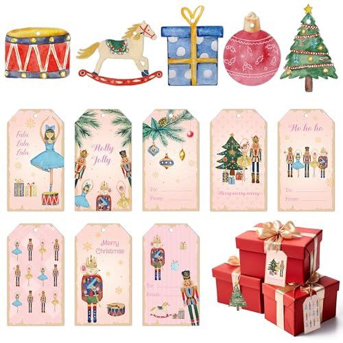 K1tpde Pink Nutcracker Christmas Gift Tag - 137PCS Xmas Gift Tag with 30m Hemp Rope, Merry Christmas Hanging Paper Tag with String Decor for Xmas Tree, Winter Wish Label for Gift Wrapping Present