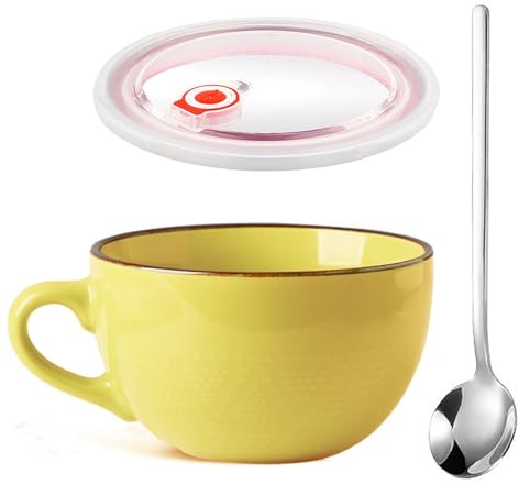 Groß Tasse Keramik, 700ml Salat Schale mit Henkel, Groß Müslischalen, Große Teetasse Mit Deckel und Löffel, Wiederverwendbar Porzellan Kaffee Tasse, Cappuccinotasse, Für Teestuben(Gelb)