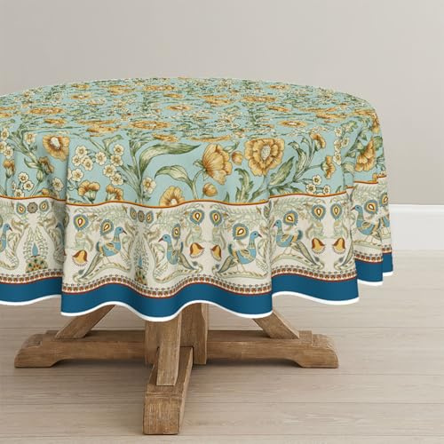 Artoid Mode Boho Vintage Pfauen Blumen Blätter Landhausstil Tischdecke Rund 120 cm, Fleckschutz Tischwäsche Küche Dekoration Party Dekor
